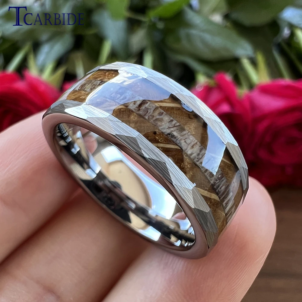 8MM Cool Hammer Ring Men Women Tungsten Carbide Wedding Band With Whiskey Barrel Oak Wood And Deel Antler Inlay Comfort Fit