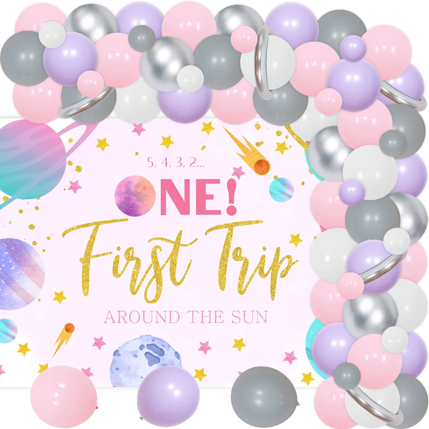 Outer Space Arch Kit for Girls, 1st Birthday Party Decor, First Trip Around the Sun Backdrop, Pink Silver Moon and Star Balloon