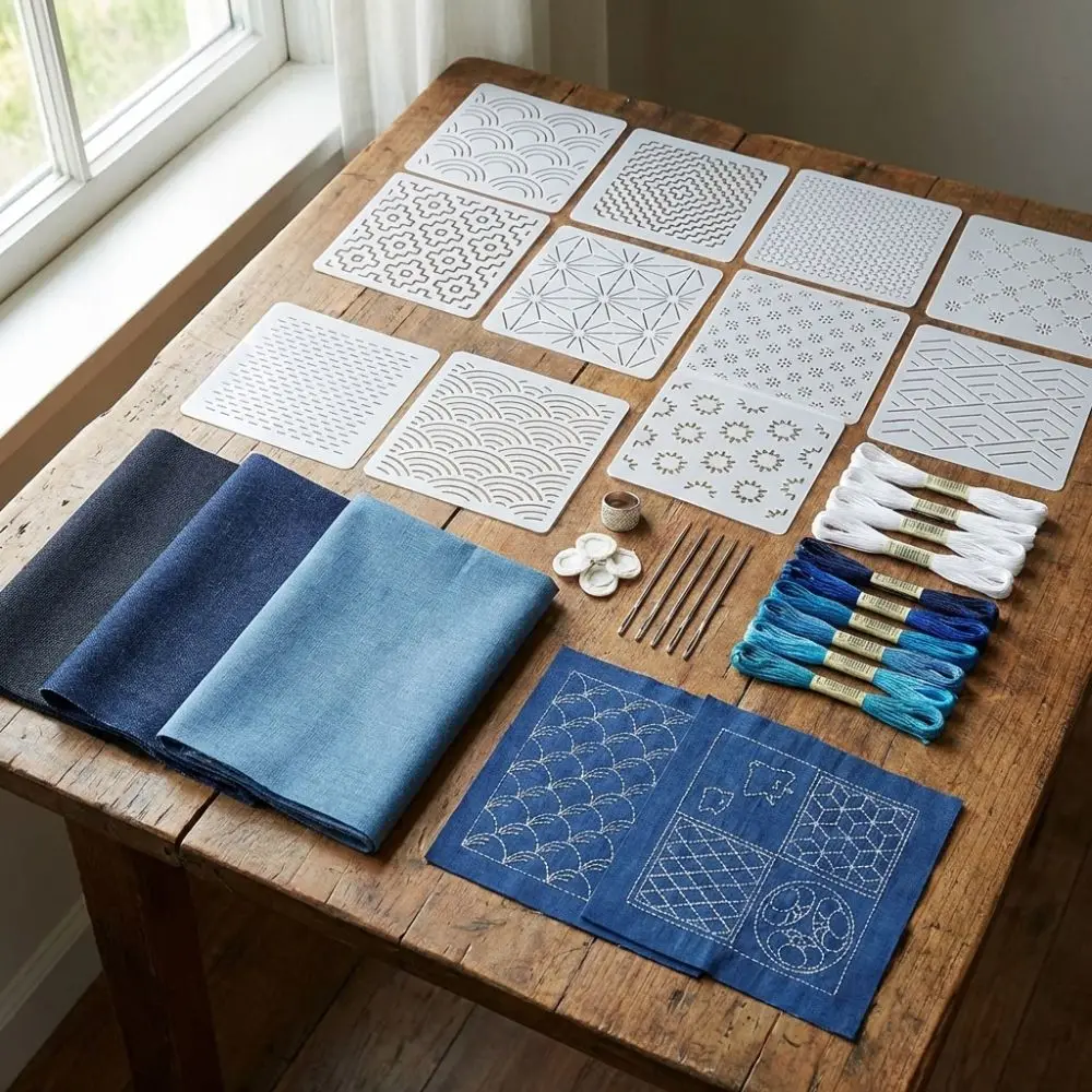 Kit de Estêncil Sashiko com Padrões Geométricos, 45 Peças, Feito à Mão, Reutilizável, Molde de Bordado Sashiko em PET, Kit DIY com Linha Sashiko