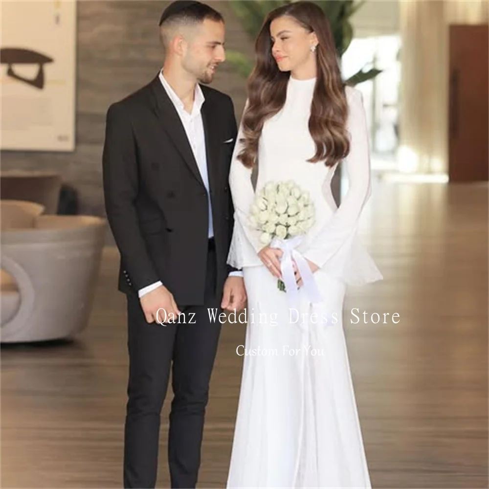 

Qanz Beach Mermaid Sheath Wedding Dress Women Long Sleeves Lace O Neck Minimalism Vestidos De Novia Party Dresses Customized