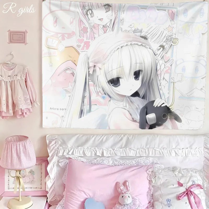 VIKAMA Japanese Style Sweet Girl Tapestry Soft Cute Wall Hanging for Girls Bedroom