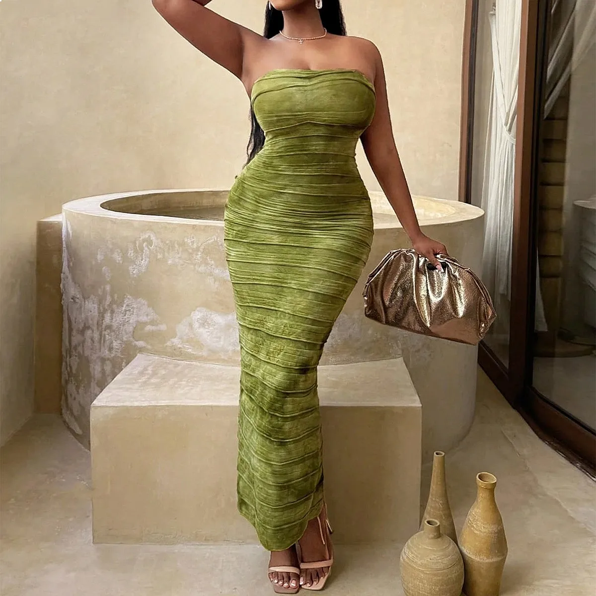 Sexy Backless Tie Dye Bodycon Dress, Ruched Tube Top Midi Dresses for Women Spring Summer