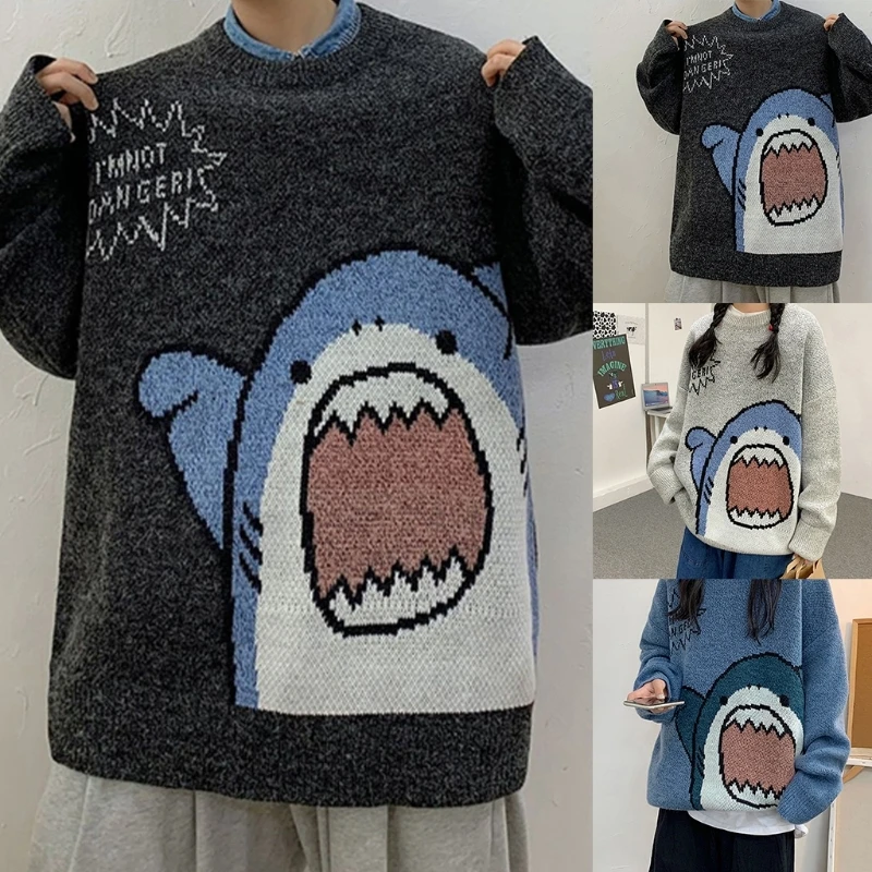 

Women Men Cartoon Shark Print Sweater Round Neck Long Sleeve Oversized Pullover Top Harajuku Hip Hop Casual Loose Knitwear