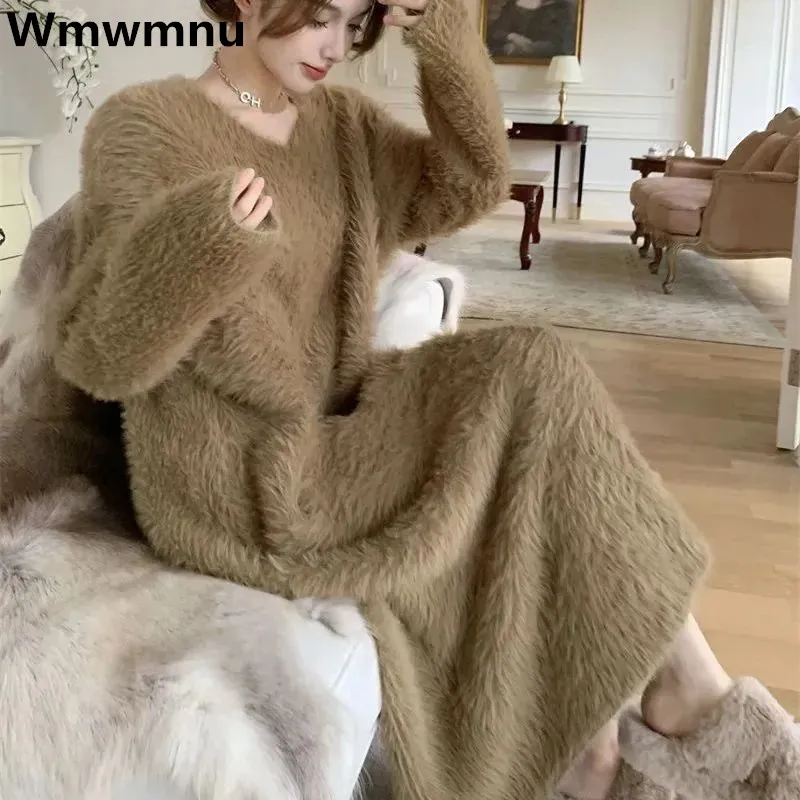 Knitted Sweater Imitation Mink Dress Autumn Winter Pull Womens Warm Plush Dresses Korean Fashion Knitwear Soft Vestidos Oversize