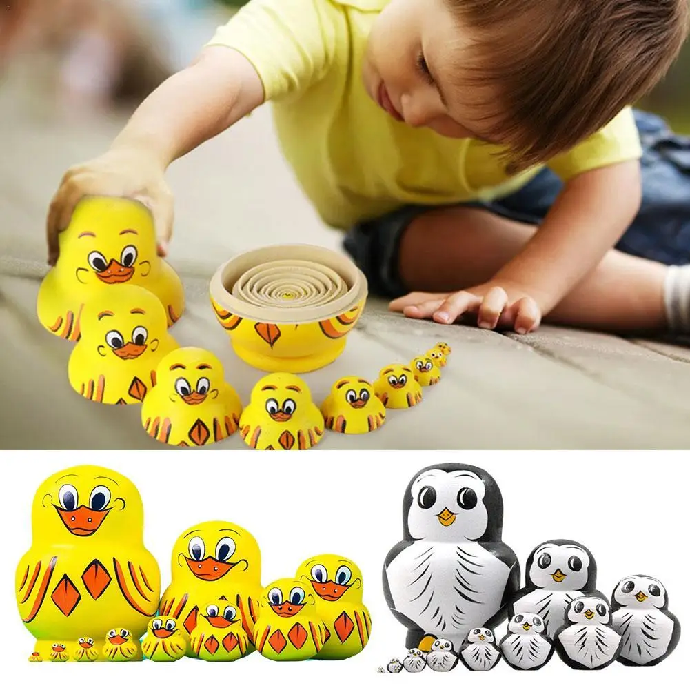 10 Layers Russian Nesting Doll Penguin Handmade Wood Toy Arts Crafts Toys Yellow Duck Russian Matryoshka Dolls For Kids Adult