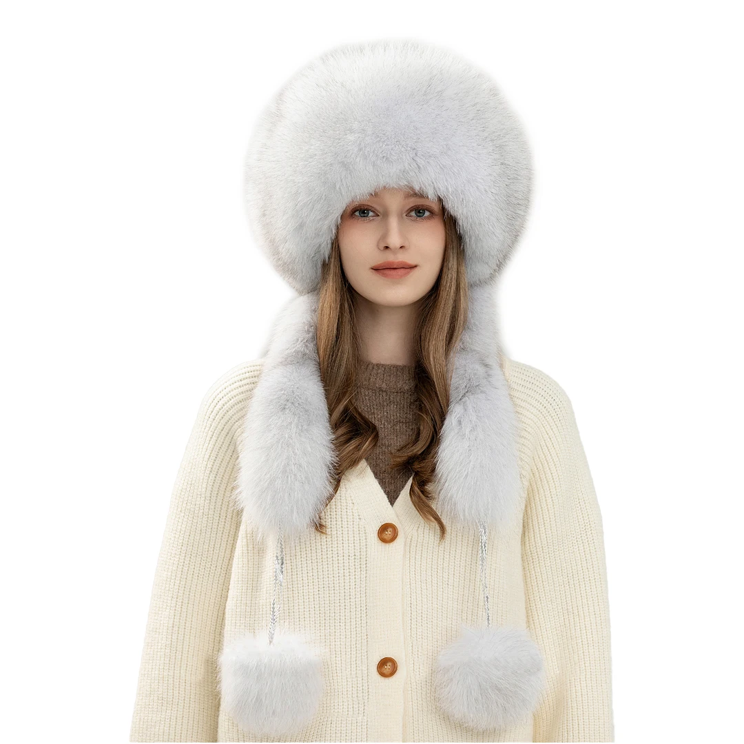 Gorgeous Real Fox Fur Earflap Hat Rex Rabbit Fur Top Mongolian Hat with Pom Poms