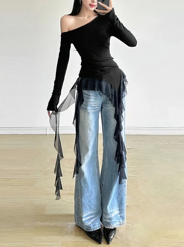 

Ruffles Tassel Off shoulder Long sleeve T shirt Women Sweet Gentle Streetwear Party Basic Top Tees Shirt Sexy New