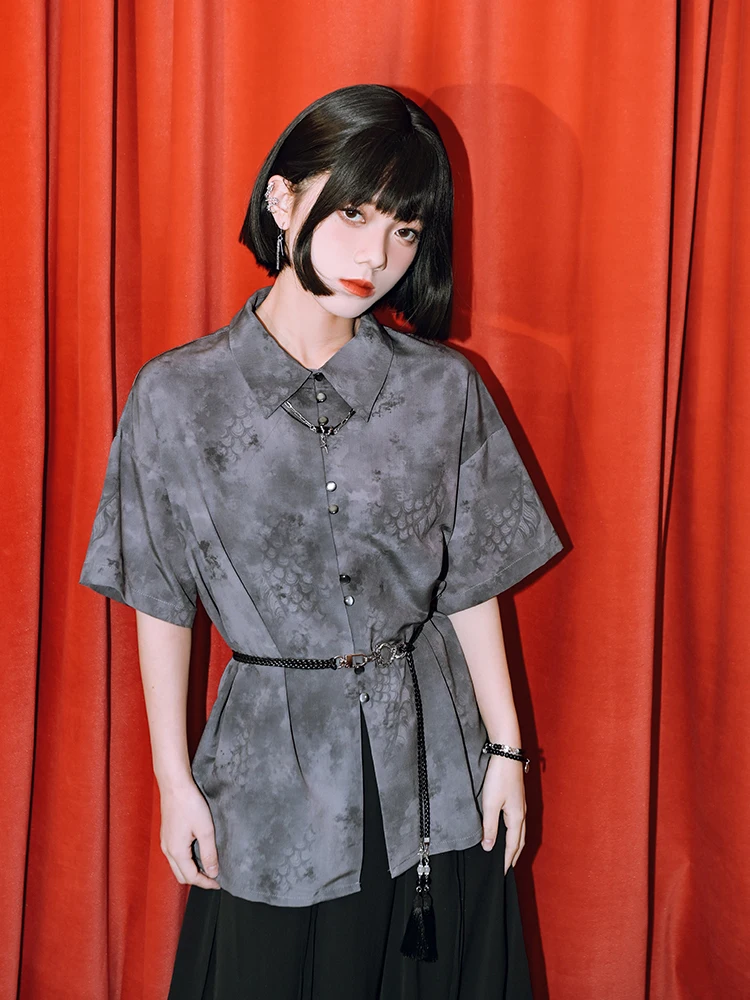 

New Chinese Style National Style Han Elements Grey T-shirt Shirt Summer Leisure Loose And Comfortable Lapel Shirt