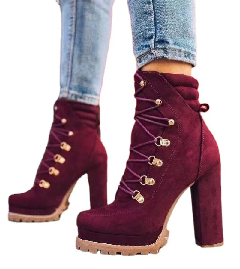 Platform High Heels Boots Women Ankle Boots Suede Woman Shoes Woman High Heels Sexy Motorcycle Boots Lace Up Punk Botas Mujer