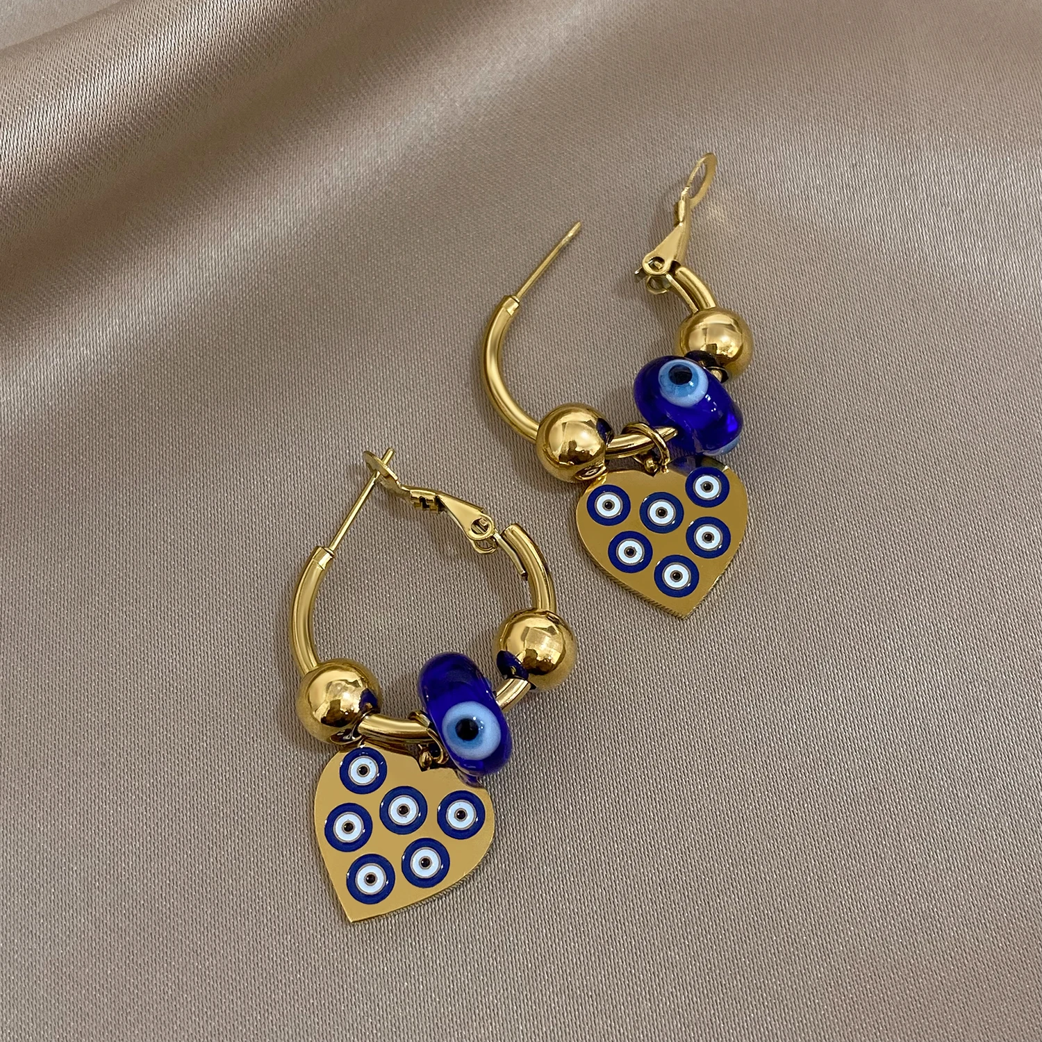 FLASHBUY Stainless Steel Turkish Devil Eye Heart Pendant Earrings For Women Fashion Ear Buckle Waterproof Jewelry