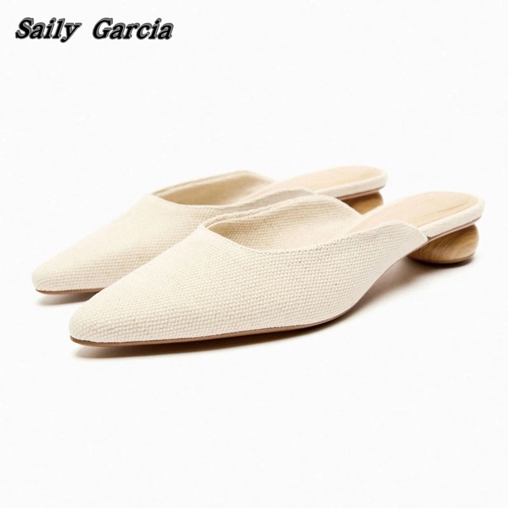 

Pointed Toe Wooden Heel Slip On Mules Summer New Solid Hemp Fiber Women Casual Slides Shallow Hollow Breathable Daily Shoes