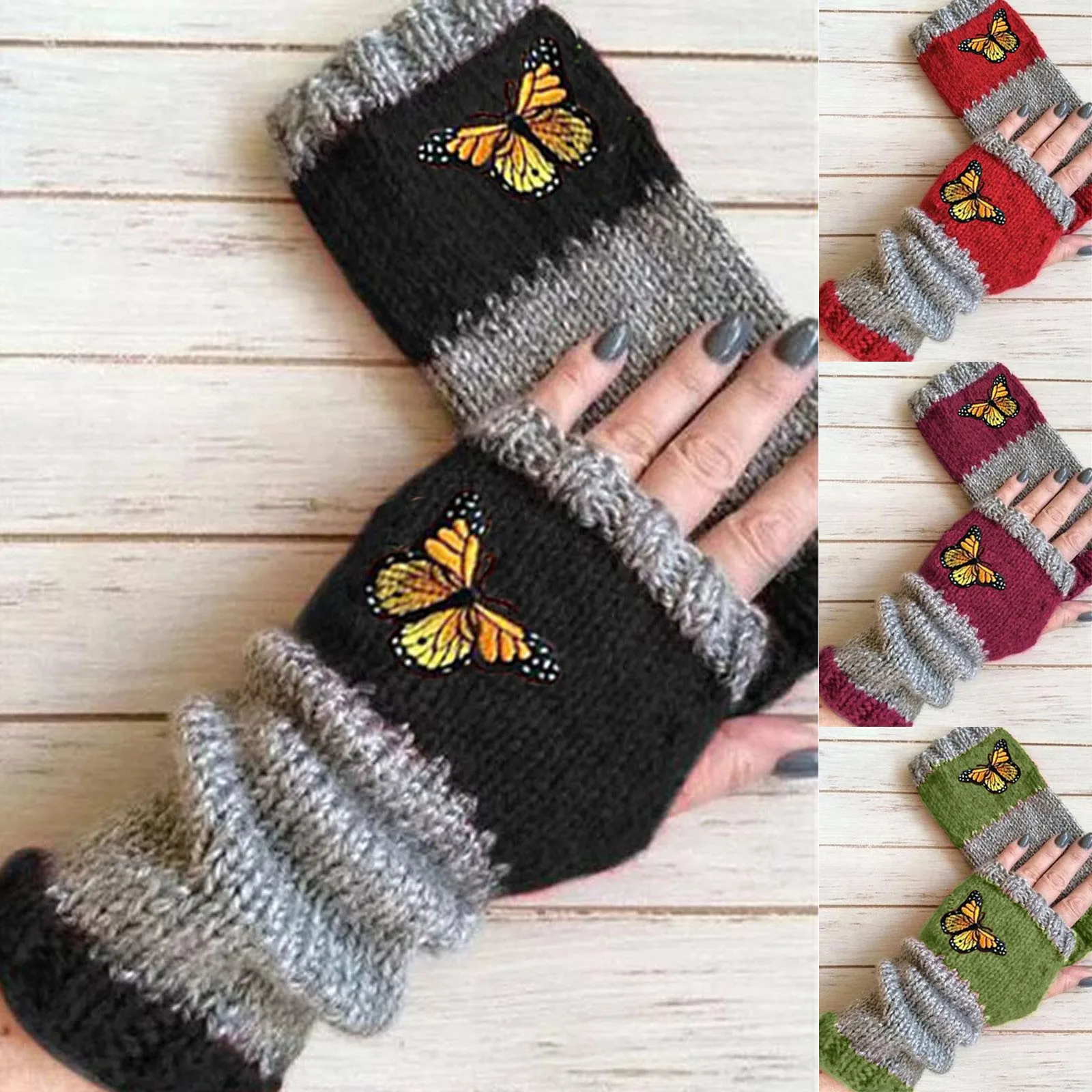 Women\'s Fingerless Gloves Christmas Gift Embroidered Bird Gloves Women\'s Cotton Fingerless Gloves Knit Block Splice Mittens