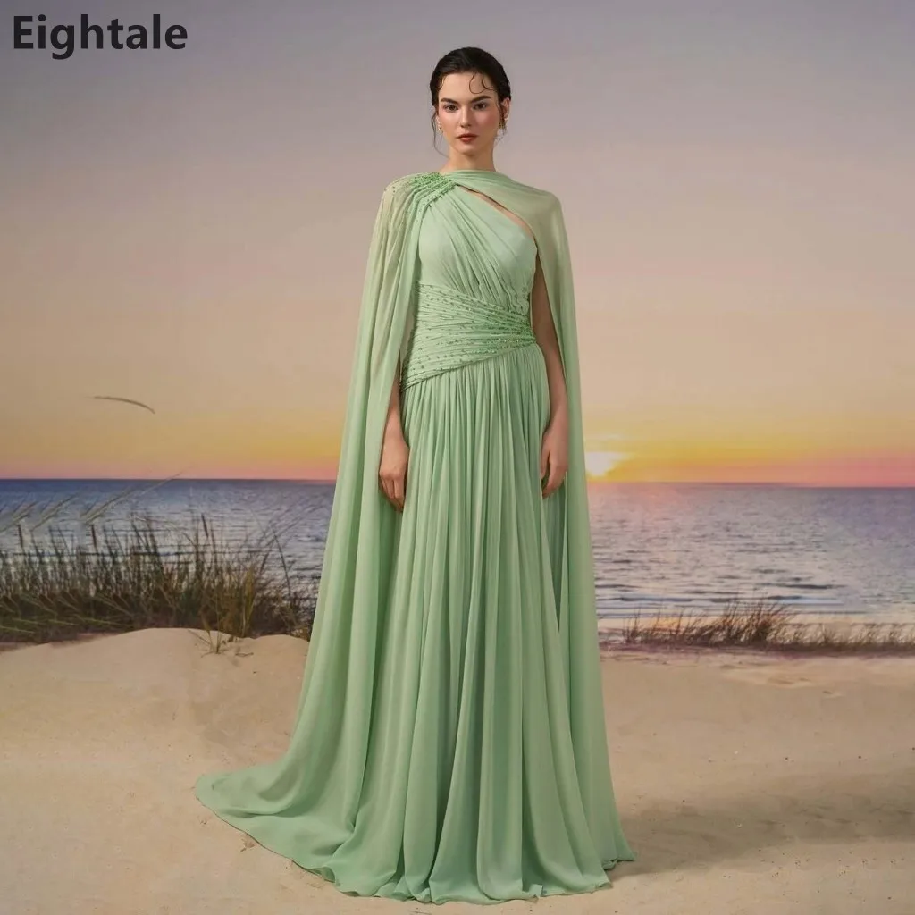 

Eightale 2025 Mint Green A Line Chiffon Maxi Evening Dress With Cape Saudi Arabic Prom Dress Dubai Party Gown Customized