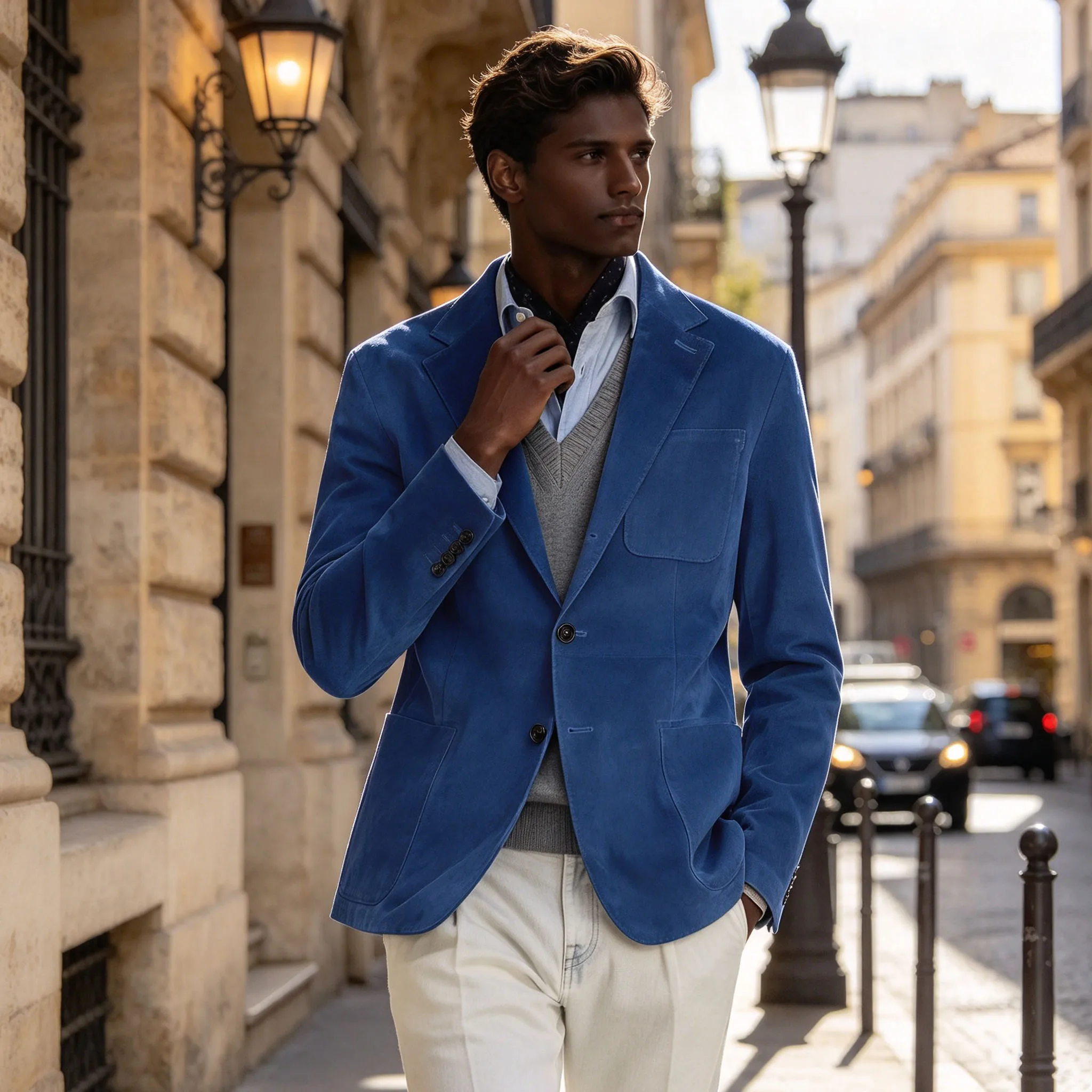 Men's Suede Blazer Solid Color Notched Lapel Single Breasted Slim Fit Multi Pocket Suit Jacket Formal Fashion Sport Coat Busines
