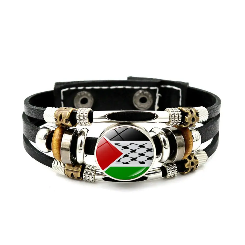 Men Gothic Bracelet Charm Handmade Nation Flag Symbol Pattern Glass Beads Leather Bracelets & Bangles Jewelry Gift