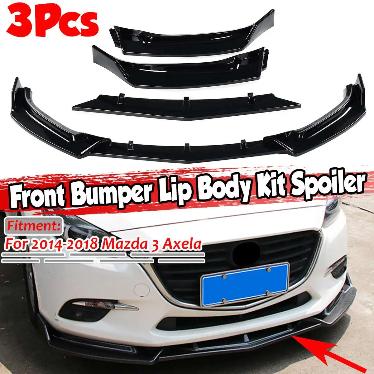 Carbon Fiber Look/Black 3x Car Front Bumper Lip Body Kit Spoiler Splitter Lip Diffuser Cover Guard For Mazda 3 Axela 2014-2018