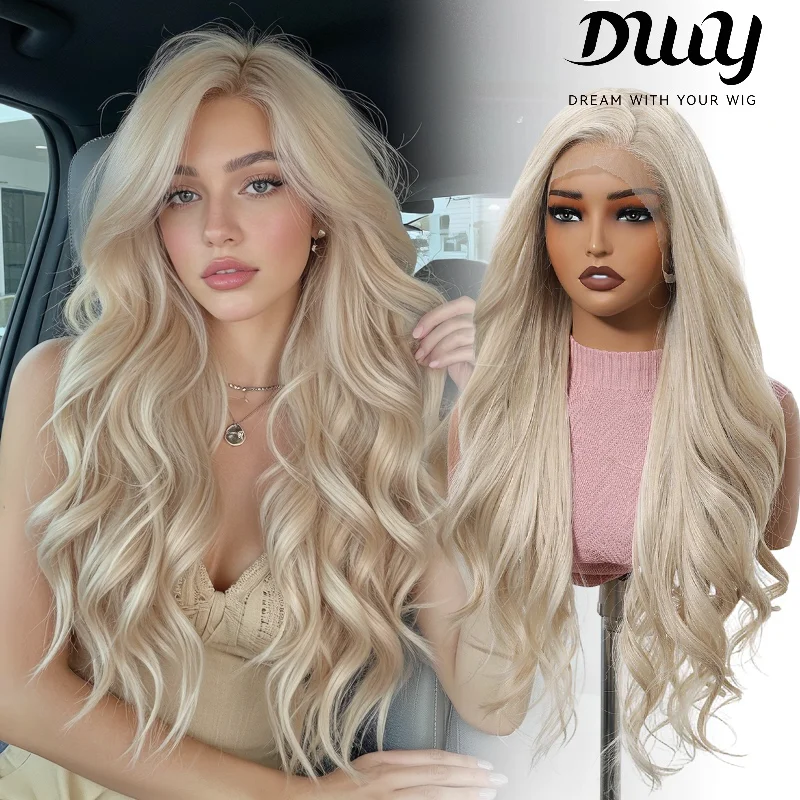 

Парик с кружевной передней частью 13x4, золотисто-русый, с центральным пробором, длинные волнистые волосы, синтетический, термостойкий, для ежедневного использования, естественный вид, для женщин