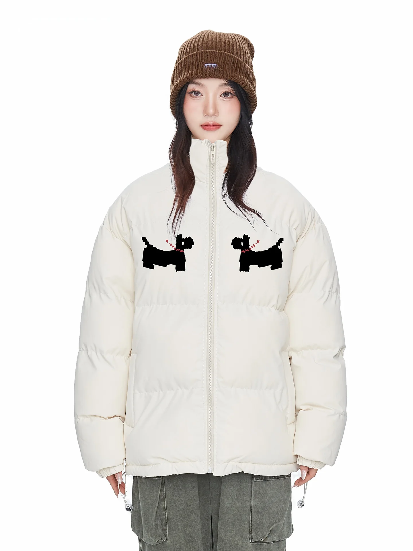 

Whoops американский ретро мультфильм собака принт воротник-стойка из тонкого хлопка джет женская зимняя новая теплая верхняя одежда