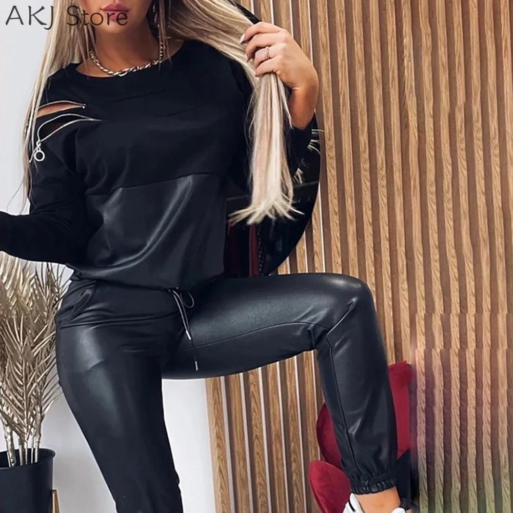 Women O Neck Zipper Design PU Leather Long Sleeve Top Drawstring Pants Set Two Piece Suit