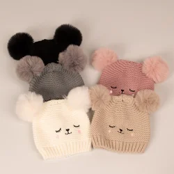 Autumn Winter Baby Warm Knitted Hats With Pom Infant Soft Cozy Beanie Cute Solid Cartoon Print Bonnets Boys Girls Accessories