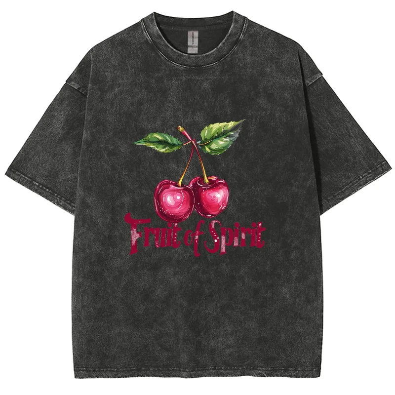 

2024 Summer New Women's T-Shirt Fruit Cherry Print Wash Oversized Short Sleeve Hot Hot Sweetheart Black Pink Sweet Cool Top Y2K