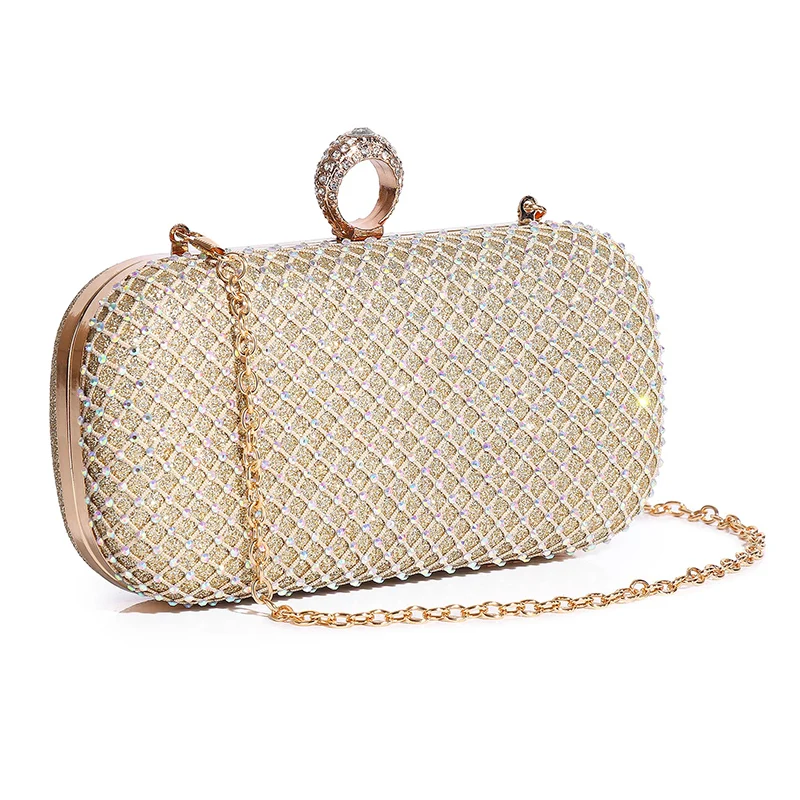 Gold Rhinestone Clutch Handbag with Crystal Diamond Ring Clasp Luxury Bride Bridesmaid Wedding Party Formal Purses Shoulder Bag