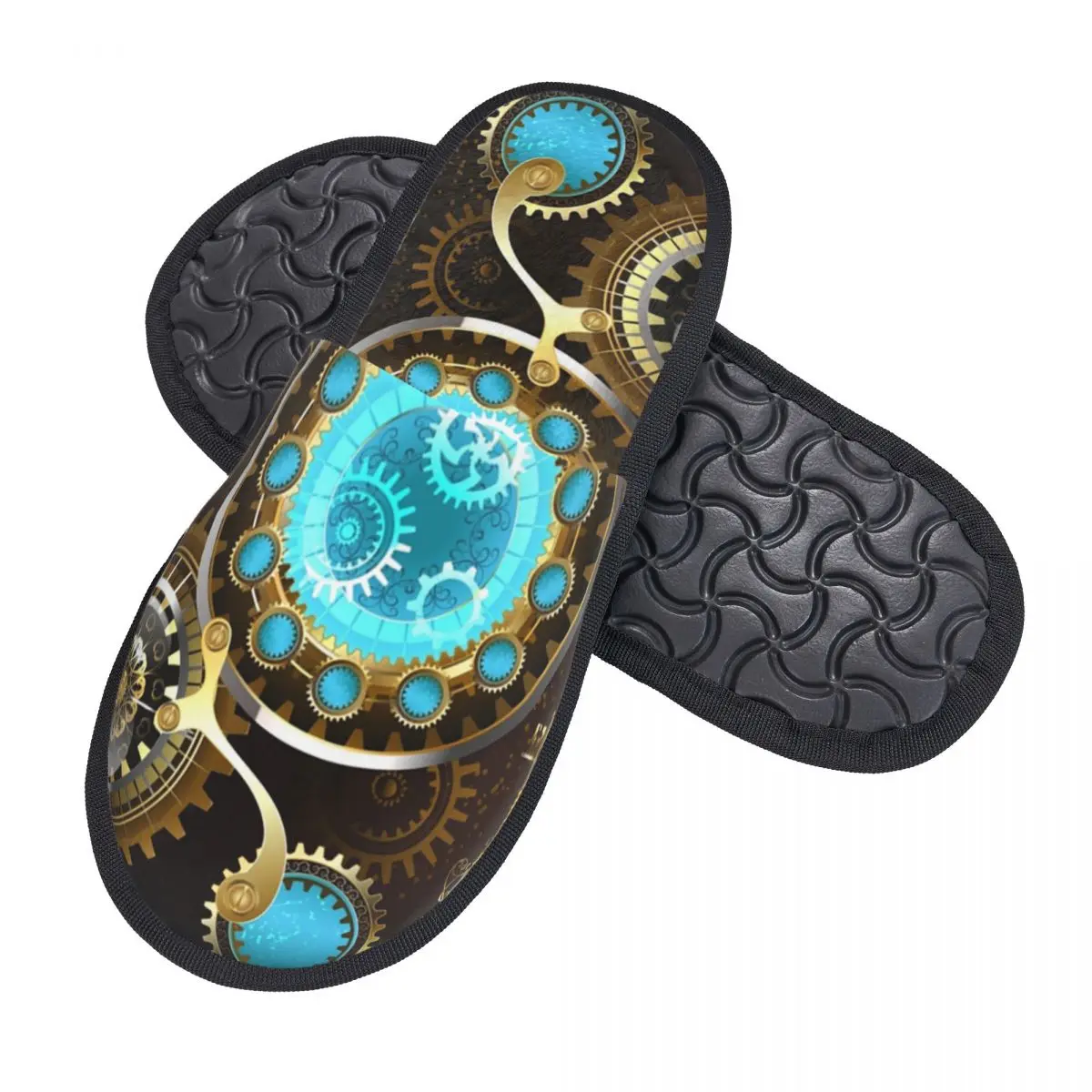 Women Rusty Background With Turquoise Lenses House Slippers Cozy Warm Steampunk Memory Foam Fluffy Slipper Indoor Outdoor Shoes