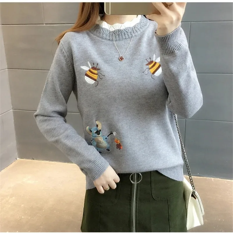 Korean Embroidery Little Bee Loose Warm Knitwear Jumpers Ladies Fashion New 2024Autumn Women Sweater Pullover Winter Tops