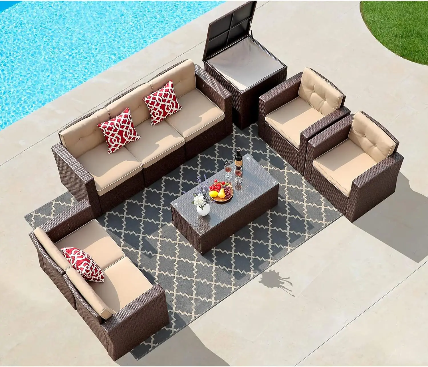 

Patio Wicker Conversation Set with Ottoman, Rattan Sectional Sofa Set with Cushions and Coffee Table for Outside Porch, Lawn