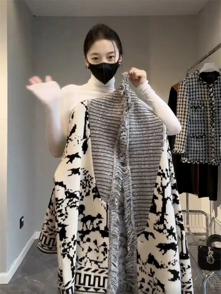 

Laid-back Style Oversized Women's Knitted Sweater Color Block Jacket Casual Korean Version Loose Fit V-neck Long Sleeve Top