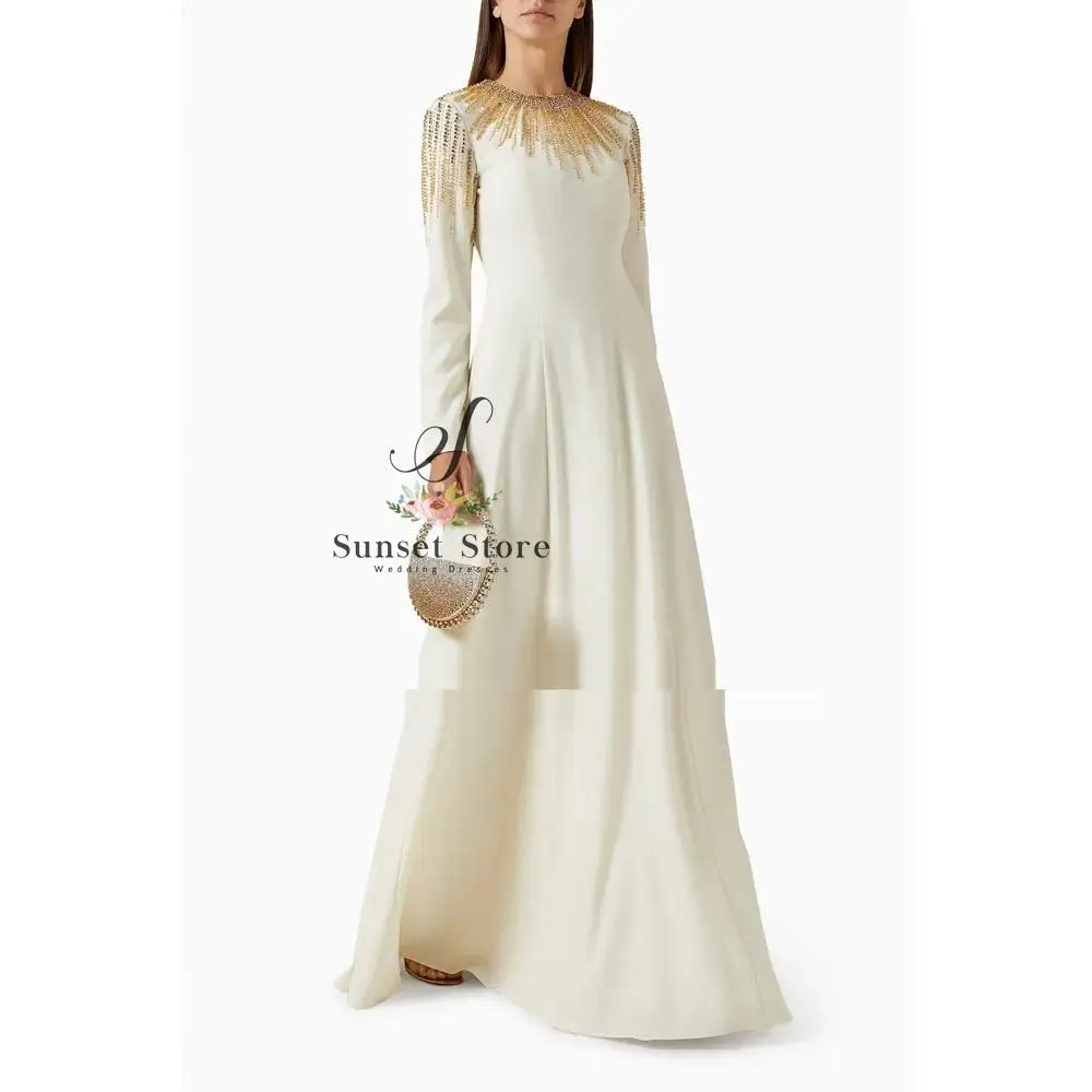 Customized  Ivory Beading O-Neck Crepe Formal Evening Dress Slim A-Line Long Prom Dress 2025 Long Sleeves Party Dress