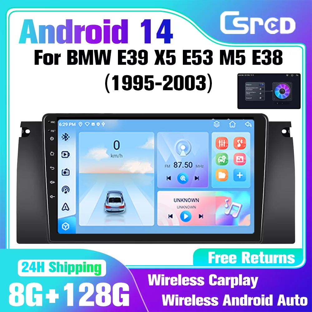 Csred Android 14 Auto Radio For BMW 5 E39 1995 - 2003 E53 X5 M5 Car Multimedia Player GPS Navigation wireless Carplay