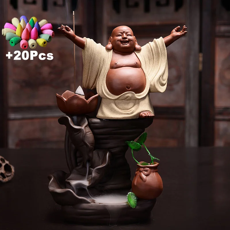 

Gift 20Cones Zen Buddha Mascot Ceramic Backflow Incense Cones Holder Yoga Ornament Assuaging and Calming