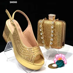 New arrival gold shoes and bag african PU leather shoes bag set for african woman