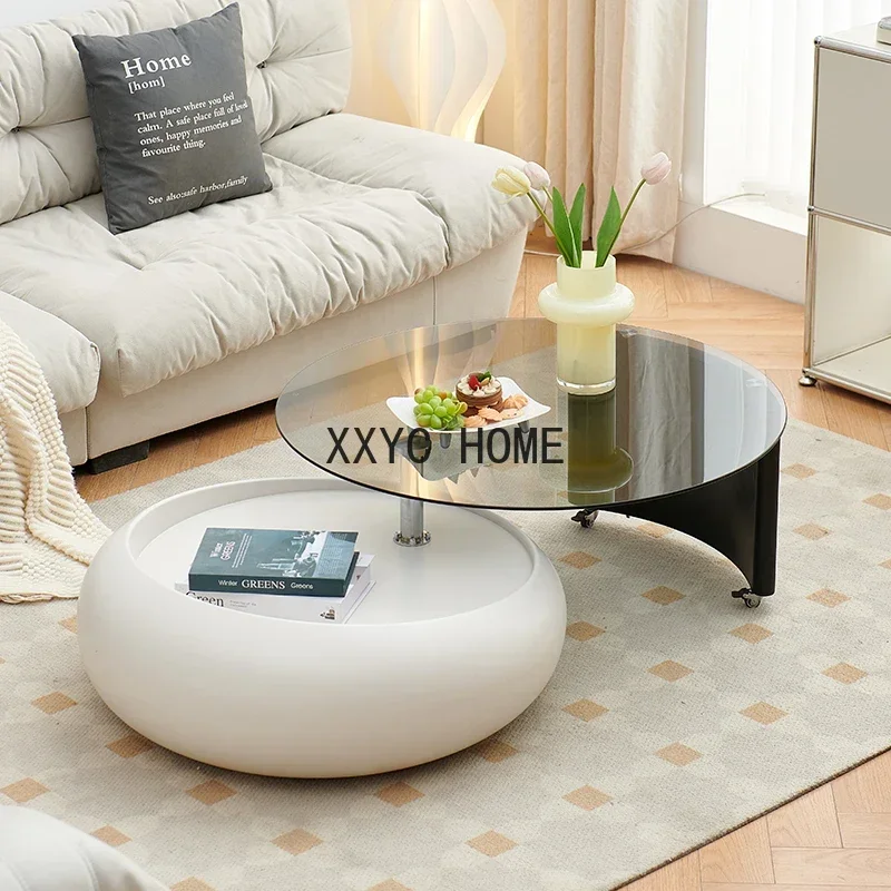 

Cream Style Rotating Coffee Table Living Room Home High-Grade Light Luxury round Glass Coffee Table Designer New Combination
