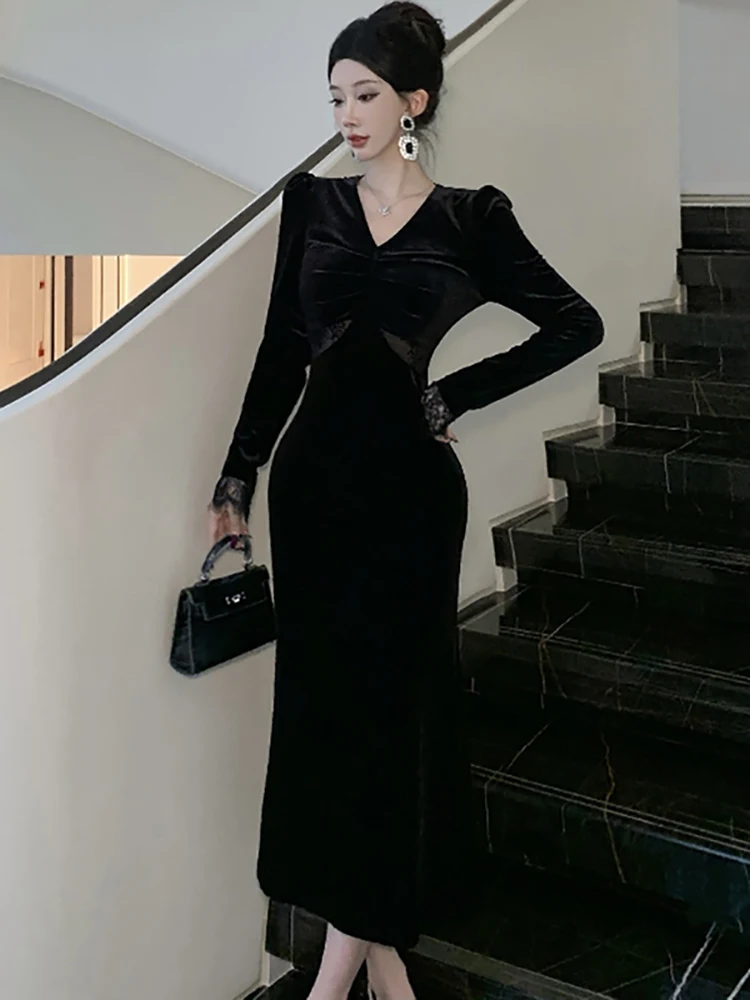 Women Korean Luxury Party Evening Dress Autumn Winter Black Velvet Chic Lace Prom Dress 2024 Elegant Bodycon Vintage Night Dress