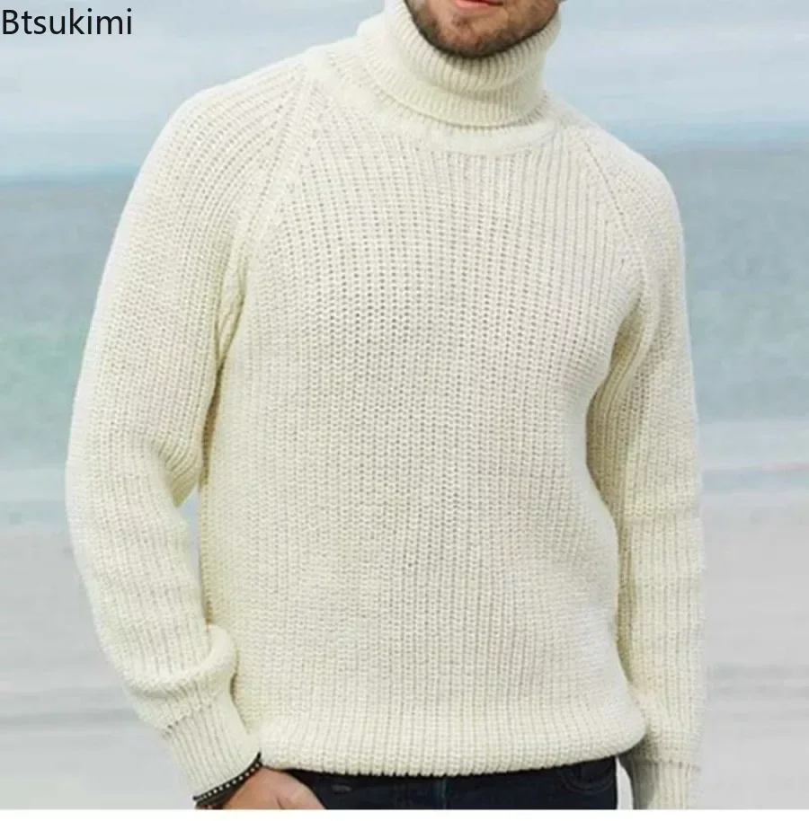 2024Men\'s Thick Warm Turtleneck Sweater Solid Autumn Winter Retro Knitted Sweaters Simple Men Elastic Pullovers Loose Casual Top