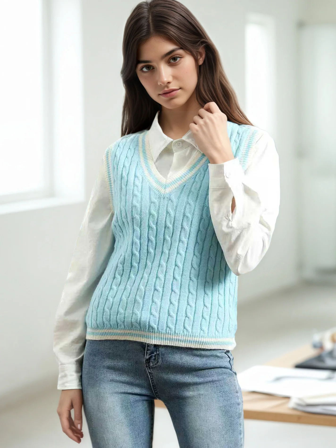 

College-style graphic turtleneck sweater with no sleeves and V-neck for ladies in autumn and winter seasons. Suitable for casual