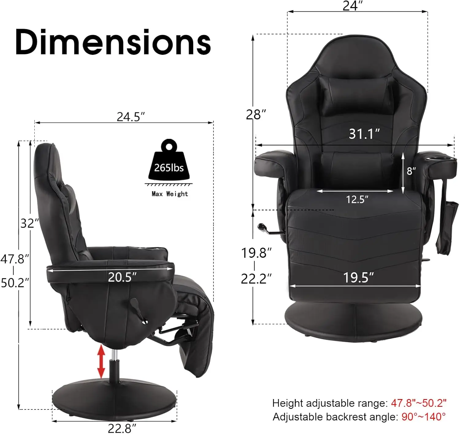 LVUYOYO Gaming Chair, Recliner Gaming Chair with Footrest and Massage, High Back PU Leather Video Recliner Chair w/Adjustable