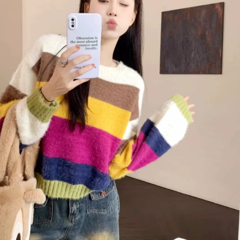 Pullovers Women Rainbow Striped Lazy Style Soft Knitwear Casual Cropped Comfortable All-match Korean Fashion Autumn Students