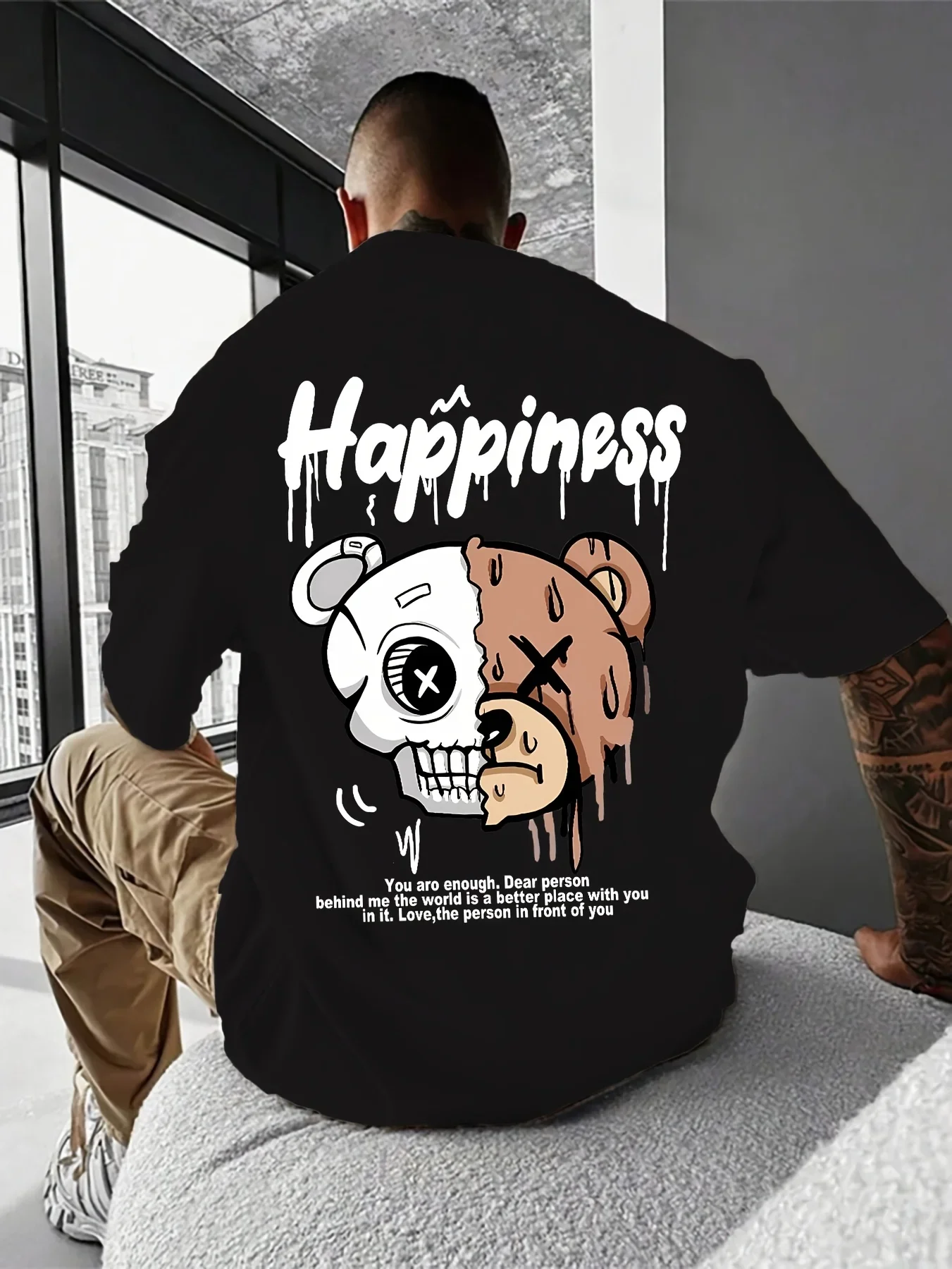 

Men's summer 100% pure cotton cartoon bear pattern printed round-neck short-sleeved T-shirt, personalized and trendy streetwear