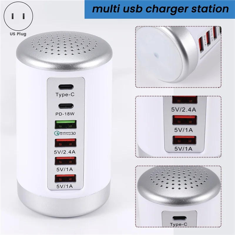 A003 65W USB Fast Charger HUB Quick Charge QC3.0 Multi 6 Port USB Type C PD Charger Charging Station US Plug