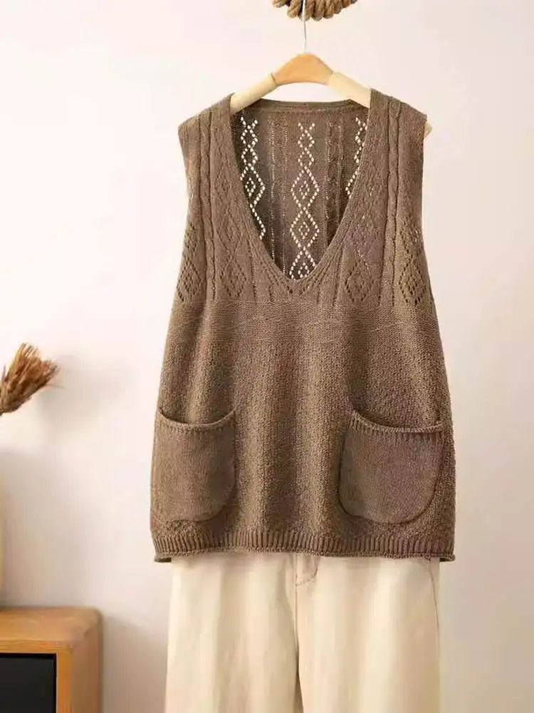 Spring Autumn New Style Women's V-Neck Sleeveless Knitted Vest Loose Korean Version Fashionable Trendy  Color