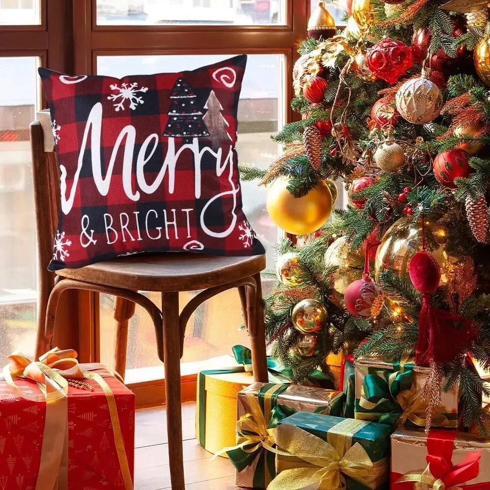 Juego de 4 fundas de almohada navideñas, árboles de Navidad, muñeco de nieve, Papá Noel, alce, búfalo, cuadros, rojo, Feliz