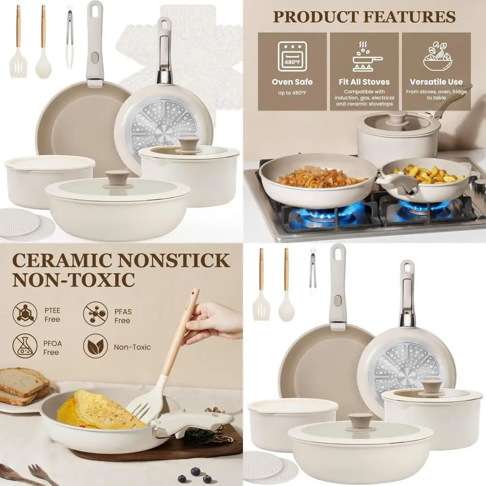 

20-Piece Nonstick Ceramic Cookware Set with Removable Handles, Healthy, Dishwasher and Oven Safe, PFAS/PFOA/PTFE Free