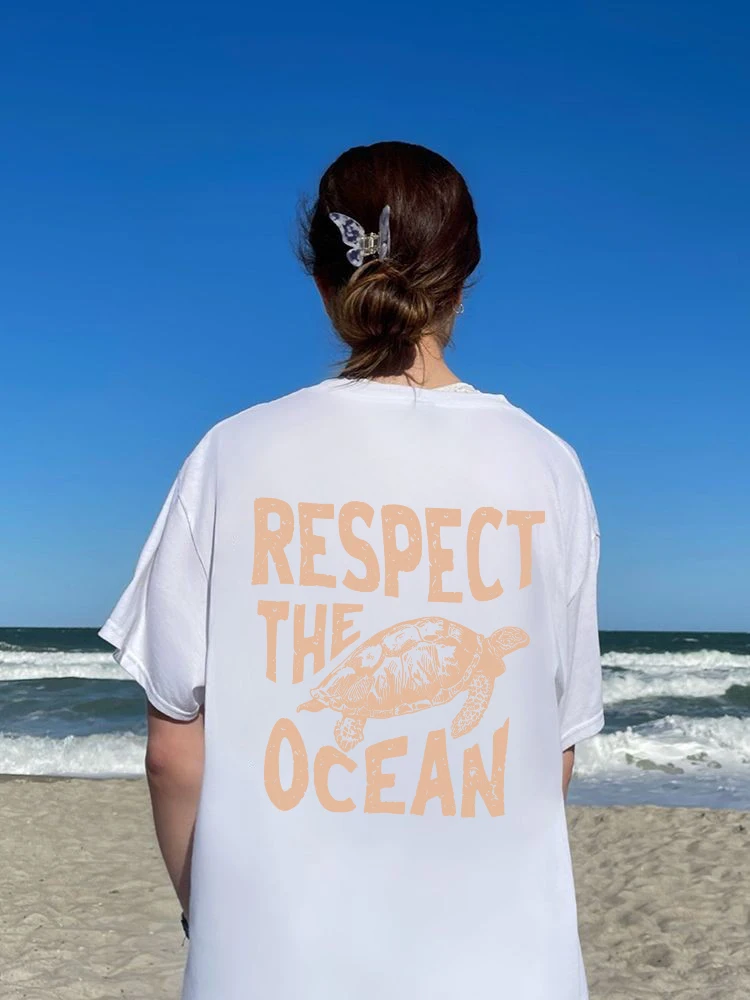 Respect The Ocean Sea Turtle Womans Cotton T-Shirts Vintage Casual Tee Clothes Personality Street O-Neck Tops Women Short Sleeve