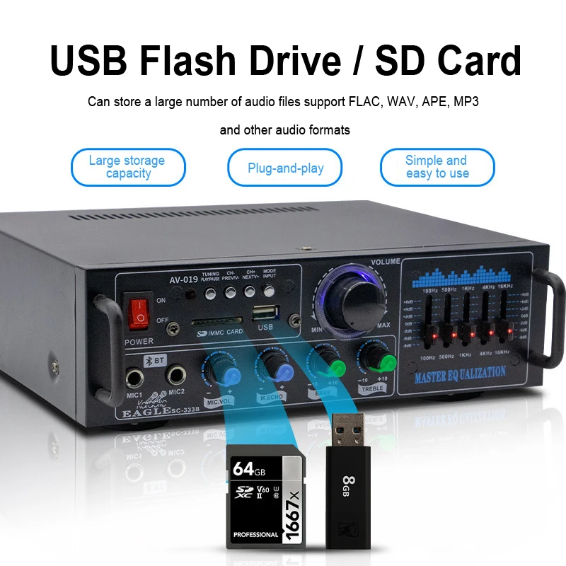 عالية الطاقة مكبر صوت بلوتوث أمبير AV-019 Hifi مكبر للصوت باس وتعديل ثلاثة أضعاف المعادلة المادية للمنزل كاريوكي