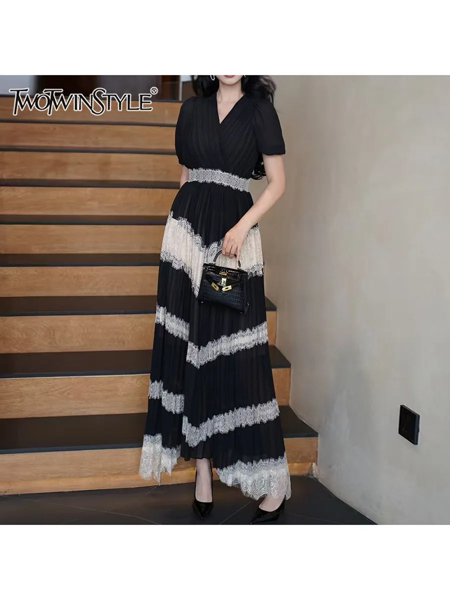 

TWOTWINSTYLE Colorblack Slimming Spliced Lace Dresses For Women V Neck Short Sleeve High Waist Patchwork Folds Dress Female New