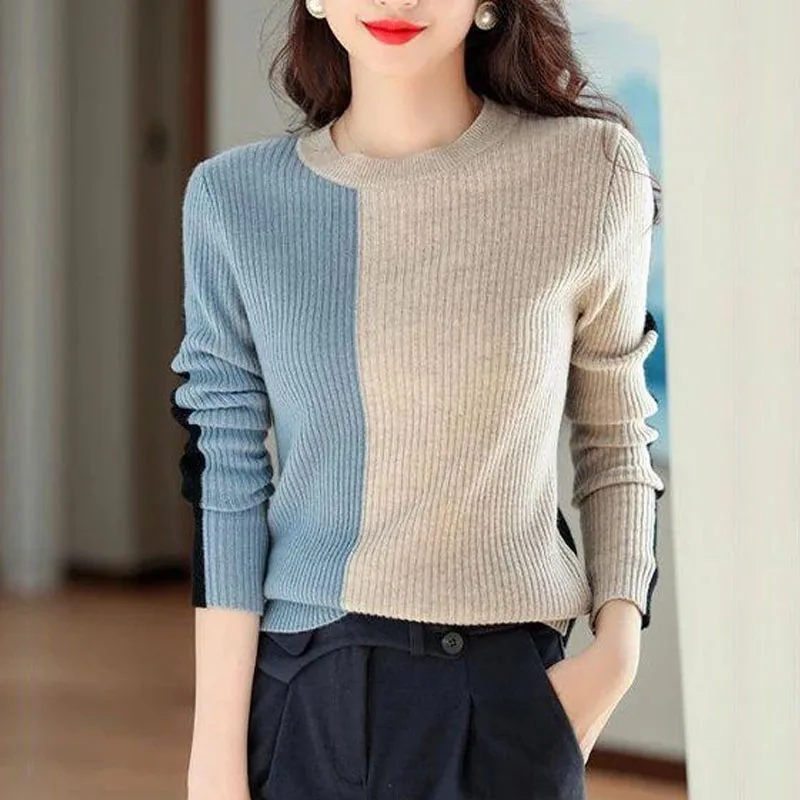 New Autumn and Winter Fashion High Grade Round Neck Color Matching Slim Fit Versatile Foreigner Long Sleeve Knitted Sweater