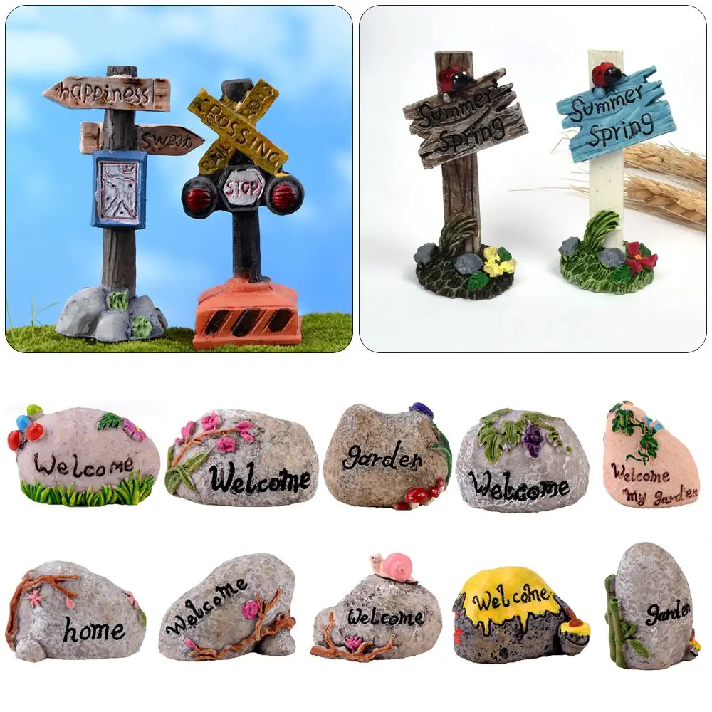 Artesanía de resina, Micro paisaje, adorno de escritorio, jardín de hadas, estatuilla de estaca de bienvenida, Mini letrero de carretera, simulación de piedra, letrero